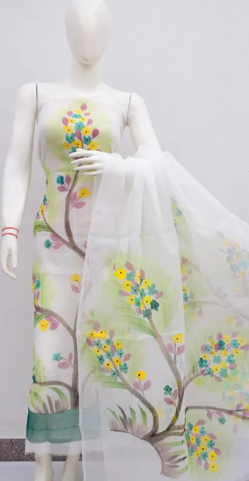 Graceful Kota Doria Dress Material with Hand Brush Print Work – Lightweight Elegance in Every Thread